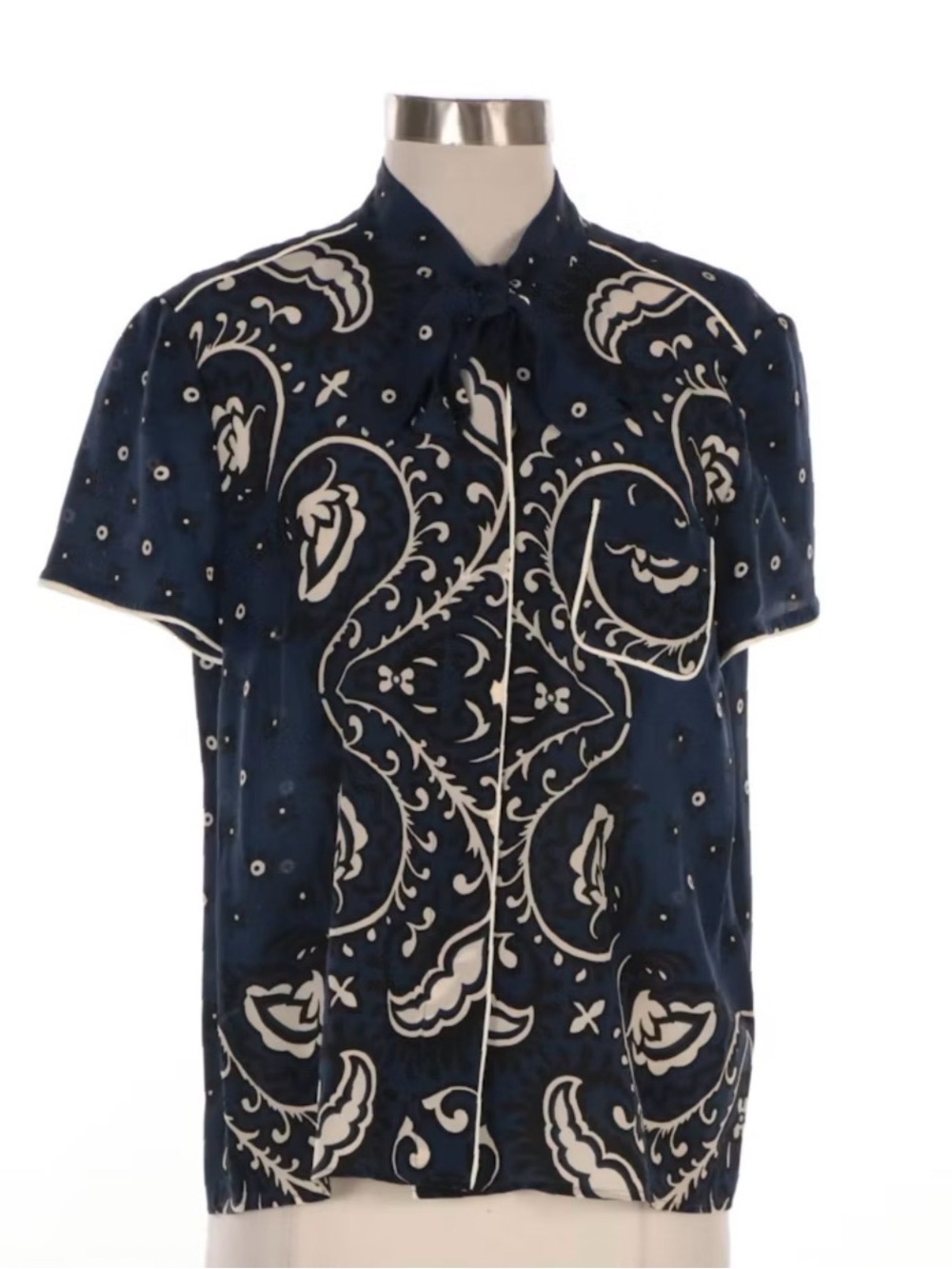 RED Valentino Navy Blue and White Paisley Short-Sleeve Button-Down Shirt